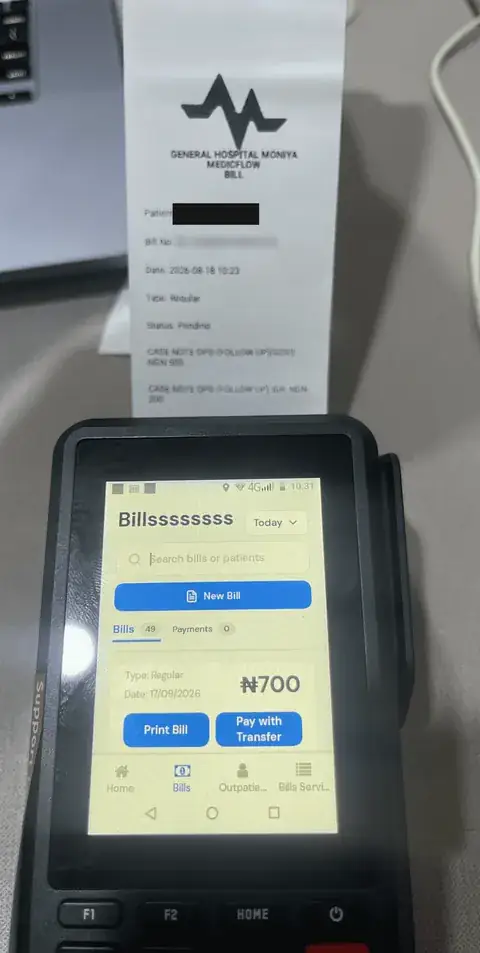 MedicFlow bills screen on a POS terminal, with a printed patient bill from General Hospital Moniya above it. Patient details redacted.